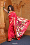 Virasat ~ Handloom Pure Silk Muniya Border Paithani with Jungle Theme Pallu in Crimson Pink - verymuchindian.com