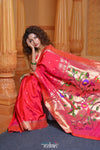 Virasat ~ Handloom Pure Silk Muniya Border Paithani with Jungle Theme Pallu in Crimson Pink - verymuchindian.com