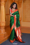 Virasat ~ Handloom Pure Silk Muniya Border Paithani with Peacock Pallu in in Royal Green - verymuchindian.com