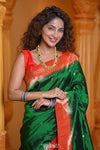 Virasat ~ Handloom Pure Silk Muniya Border Paithani with Peacock Pallu in in Royal Green - verymuchindian.com