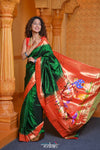 Virasat ~ Handloom Pure Silk Muniya Border Paithani with Peacock Pallu in in Royal Green - verymuchindian.com