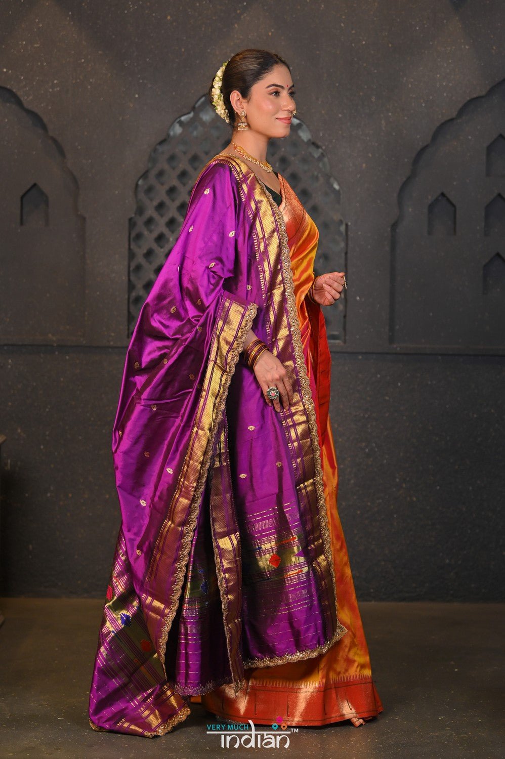 Virasat ~ Handloom Pure Silk Paithani Dupatta with Embroidered Border & Mor Buttis in Violet - verymuchindian.com