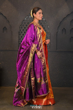 Virasat ~ Handloom Pure Silk Paithani Dupatta with Embroidered Border & Mor Buttis in Violet - verymuchindian.com