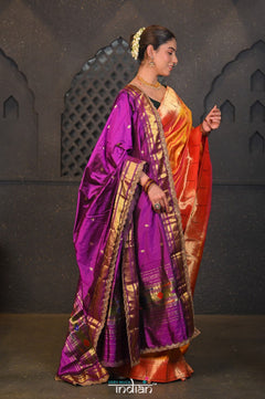 Virasat ~ Handloom Pure Silk Paithani Dupatta with Embroidered Border & Mor Buttis in Violet - verymuchindian.com