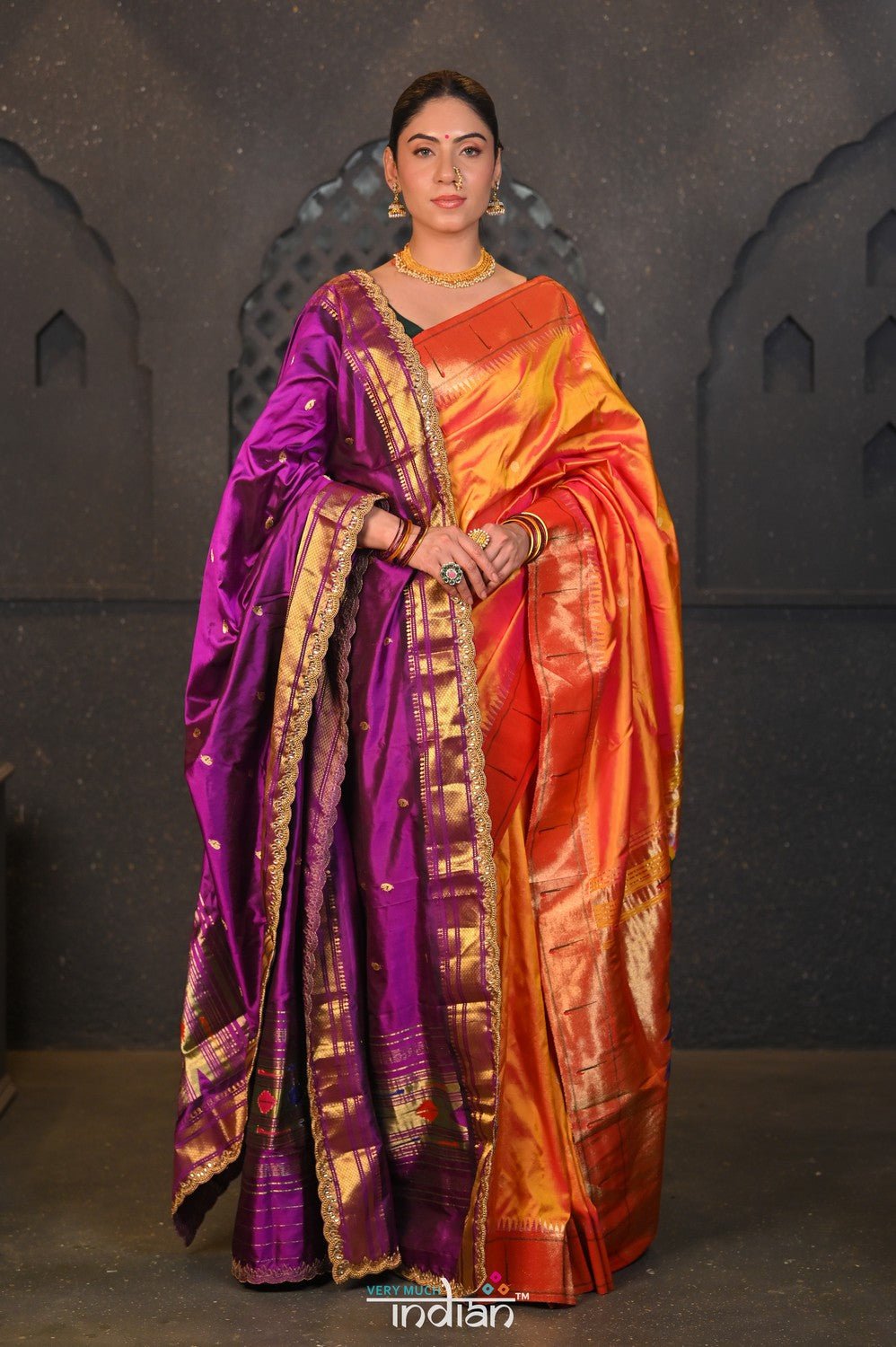 Virasat ~ Handloom Pure Silk Paithani Dupatta with Embroidered Border & Mor Buttis in Violet - verymuchindian.com