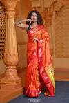 Virasat ~ Handloom Pure Silk Paithani in Pink Border with Lotus Tawa Pallu in Sunset Orange - verymuchindian.com