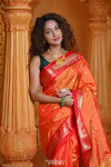 Virasat ~ Handloom Pure Silk Paithani in Pink Border with Lotus Tawa Pallu in Sunset Orange - verymuchindian.com