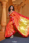 Virasat ~ Handloom Pure Silk Paithani in Pink Border with Lotus Tawa Pallu in Sunset Orange - verymuchindian.com