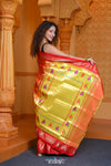 Virasat ~ Handloom Pure Silk Paithani in Pink Border with Lotus Tawa Pallu in Sunset Orange - verymuchindian.com
