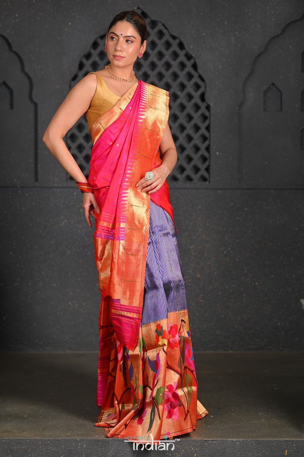 Virasat ~Handloom Pure Silk Paithani Lehenga With Zari Work with Muniya Border Dupatta in Blue & Pink - verymuchindian.com