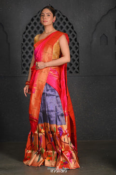 Virasat ~Handloom Pure Silk Paithani Lehenga With Zari Work with Muniya Border Dupatta in Blue & Pink - verymuchindian.com