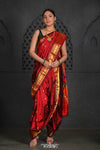 Virasat ~ Handloom Pure Silk Paithani Nauvari with Fancy Peacock Pallu in Maroon - verymuchindian.com