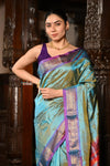 Virasat ~ Handloom Pure Silk Paithani Saree With Most Traditional Radha Krishna Pallu in Powder Blue - verymuchindian.com