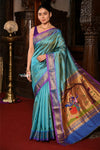 Virasat ~ Handloom Pure Silk Paithani Saree With Most Traditional Radha Krishna Pallu in Powder Blue - verymuchindian.com