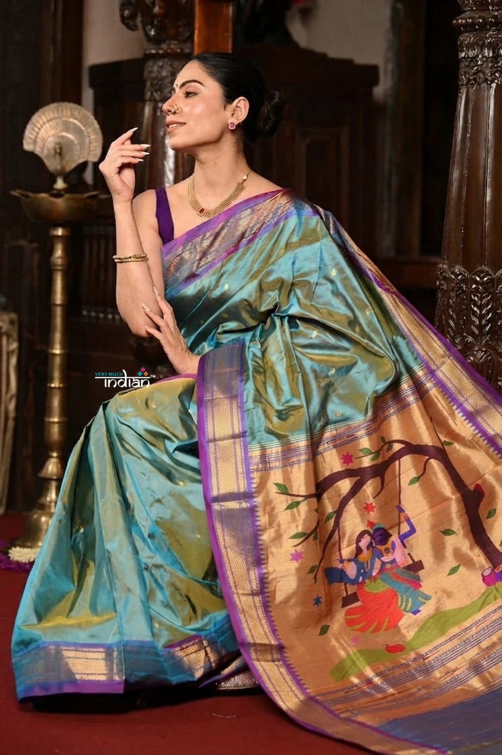 Virasat ~ Handloom Pure Silk Paithani Saree With Most Traditional Radha Krishna Pallu in Powder Blue - verymuchindian.com