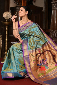 Virasat ~ Handloom Pure Silk Paithani Saree With Most Traditional Radha Krishna Pallu in Powder Blue - verymuchindian.com
