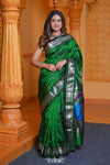 Virasat ~ Handloom Pure Silk Paithani Silver Zari with Peacock Pallu in in Royal Green - verymuchindian.com