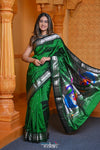 Virasat ~ Handloom Pure Silk Paithani Silver Zari with Peacock Pallu in in Royal Green - verymuchindian.com