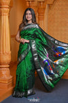 Virasat ~ Handloom Pure Silk Paithani Silver Zari with Peacock Pallu in in Royal Green - verymuchindian.com