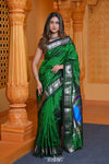Virasat ~ Handloom Pure Silk Paithani Silver Zari with Peacock Pallu in in Royal Green - verymuchindian.com