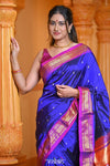 Virasat ~ Handloom Pure Silk Paithani Violet Border with Fancy Parrot Pallu in Royal Blue - verymuchindian.com