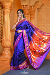 Virasat ~ Handloom Pure Silk Paithani Violet Border with Fancy Parrot Pallu in Royal Blue - verymuchindian.com
