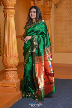 Virasat ~ Handloom Pure Silk Paithani with Fancy Parrot Pallu in Royal Green - verymuchindian.com