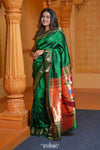 Virasat ~ Handloom Pure Silk Paithani with Fancy Parrot Pallu in Royal Green - verymuchindian.com
