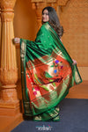 Virasat ~ Handloom Pure Silk Paithani with Fancy Parrot Pallu in Royal Green - verymuchindian.com