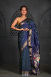 Virasat ~ Handloom Pure Silk Paithani with Fancy Peacock Pallu in Midnight Blue - verymuchindian.com