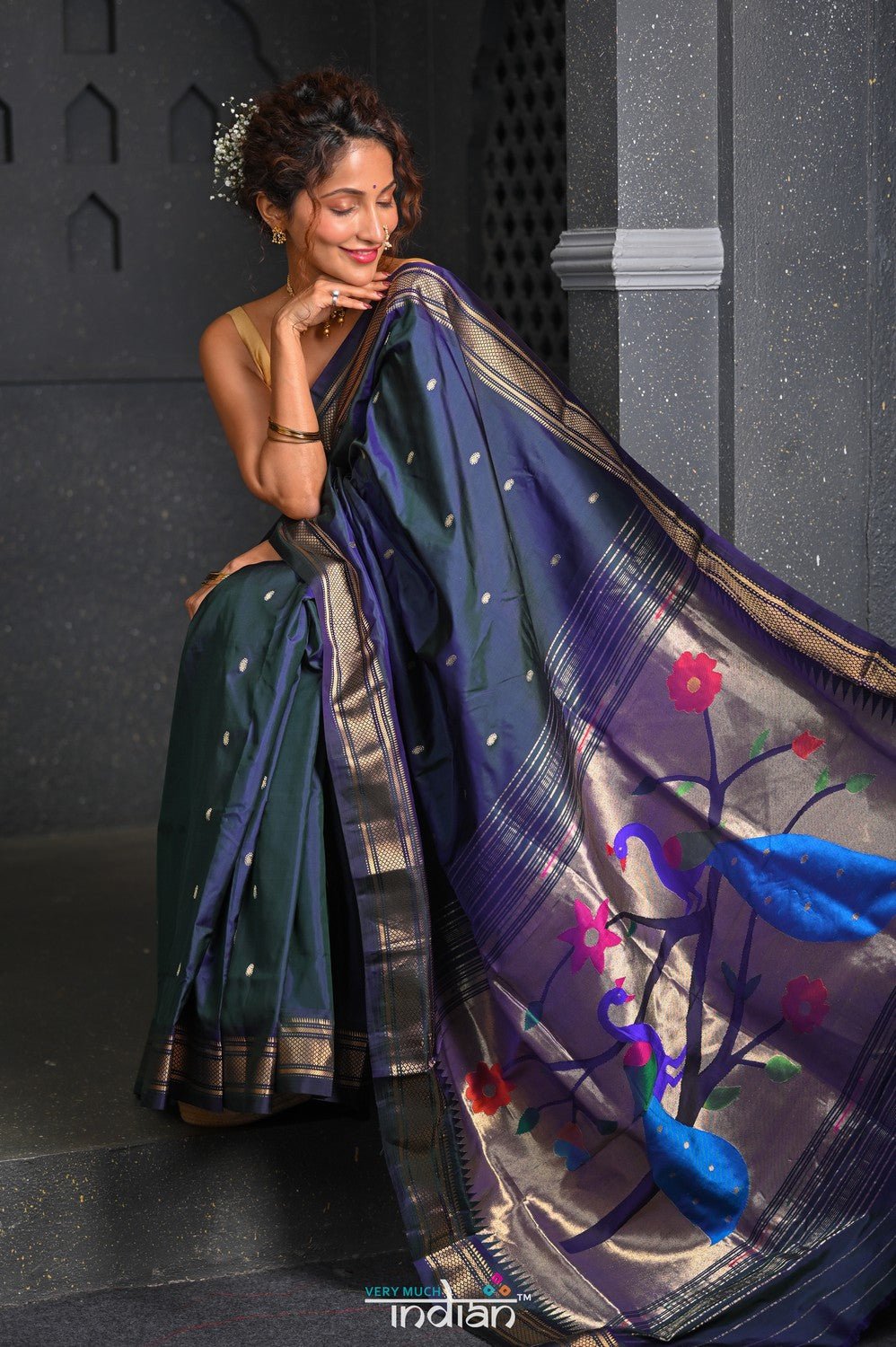 Virasat ~ Handloom Pure Silk Paithani with Fancy Peacock Pallu in Midnight Blue - verymuchindian.com