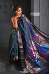 Virasat ~ Handloom Pure Silk Paithani with Fancy Peacock Pallu in Midnight Blue - verymuchindian.com