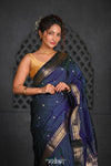 Virasat ~ Handloom Pure Silk Paithani with Fancy Peacock Pallu in Midnight Blue - verymuchindian.com
