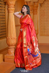 Virasat ~ Handloom Pure Silk Paithani with Fancy Peacock Pallu in Peach Pink - verymuchindian.com