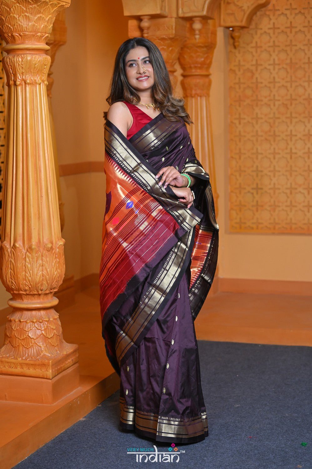 Virasat ~ Handloom Pure Silk Paithani with Fancy Peacock Pallu in Wine - verymuchindian.com