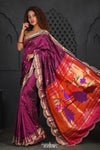 Virasat ~ Handloom Pure Silk Paithani with Fancy Peacock Pallu with Embroidered Border in Purple - verymuchindian.com