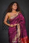 Virasat ~ Handloom Pure Silk Paithani with Fancy Peacock Pallu with Embroidered Border in Purple - verymuchindian.com