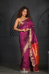 Virasat ~ Handloom Pure Silk Paithani with Fancy Peacock Pallu with Embroidered Border in Purple - verymuchindian.com