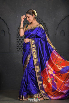 Virasat ~ Handloom Pure Silk Paithani with Fancy Peacock Pallu with Embroidered Border in Royal Blue - verymuchindian.com