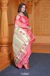 Virasat ~ Handloom Pure Silk Paithani with Lotus Tawa Pallu in Pink Peach - verymuchindian.com