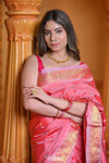 Virasat ~ Handloom Pure Silk Paithani with Lotus Tawa Pallu in Pink Peach - verymuchindian.com