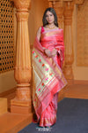 Virasat ~ Handloom Pure Silk Paithani with Lotus Tawa Pallu in Pink Peach - verymuchindian.com