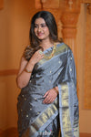 Virasat ~ Handloom Pure Silk Paithani with Lotus Tawa Pallu in Starlight Grey - verymuchindian.com