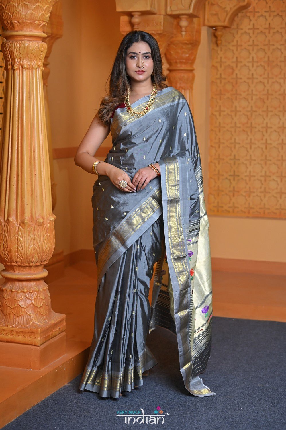 Virasat ~ Handloom Pure Silk Paithani with Lotus Tawa Pallu in Starlight Grey - verymuchindian.com