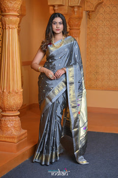 Virasat ~ Handloom Pure Silk Paithani with Lotus Tawa Pallu in Starlight Grey - verymuchindian.com