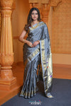 Virasat ~ Handloom Pure Silk Paithani with Lotus Tawa Pallu in Starlight Grey - verymuchindian.com