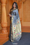 Virasat ~ Handloom Pure Silk Paithani with Lotus Tawa Pallu in Starlight Grey - verymuchindian.com