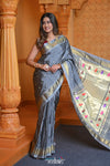 Virasat ~ Handloom Pure Silk Paithani with Lotus Tawa Pallu in Starlight Grey - verymuchindian.com
