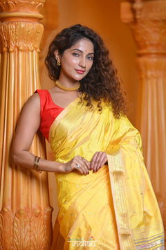 Virasat ~ Handloom Pure Silk Paithani with Lotus Tawa Pallu in Sunlight Yellow - verymuchindian.com