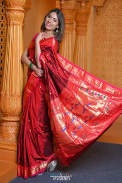 Virasat ~ Handloom Pure Silk Paithani with Most Traditional Double Pallu in Delight Maroon - verymuchindian.com